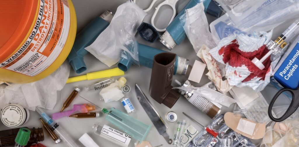 Difficult waste: Medical sharps, syringes, inhalers, and bloodied gauze in a sharps container.
