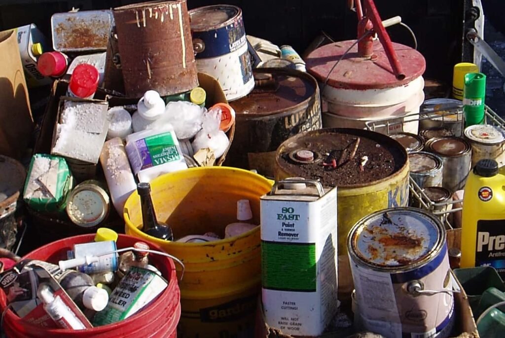 Difficult waste: Paint cans, oil drums, and household chemicals for disposal. Hazardous materials.