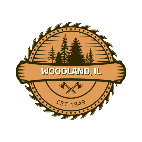 Woodland, IL logo. Saw blade with trees, axes, and EST 1849. Woodland service area.