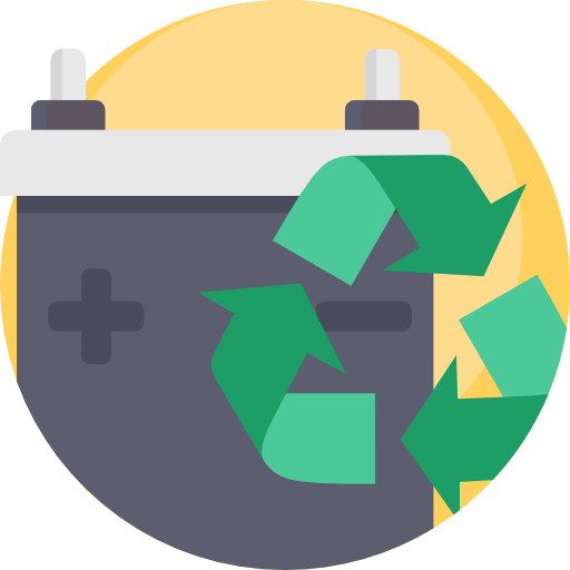 Battery recycling icon. Symbol of battery with recycling arrows. Resources for battery disposal.