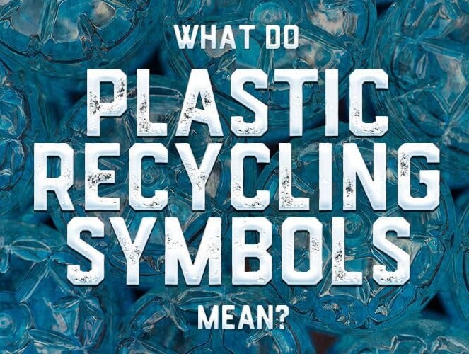 Plastic recycling symbols meaning. Blue plastic bottles background.