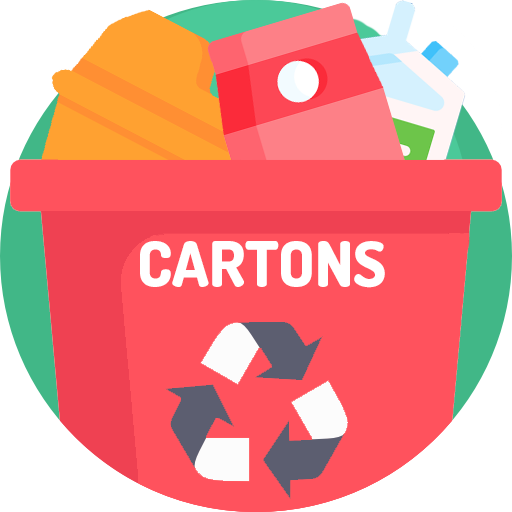 Carton recycling bin. Red bin filled with cartons and recycling symbol. Recycling guide.