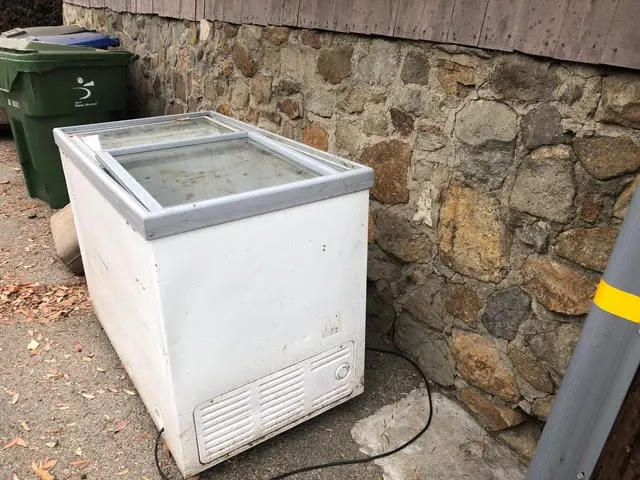 Difficult waste: Discarded chest freezer in alley next to stone wall and green trash can.