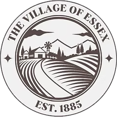 Village of Essex, Illinois seal. Established 1885, featuring farmland, windmill, and mountains. Service area.