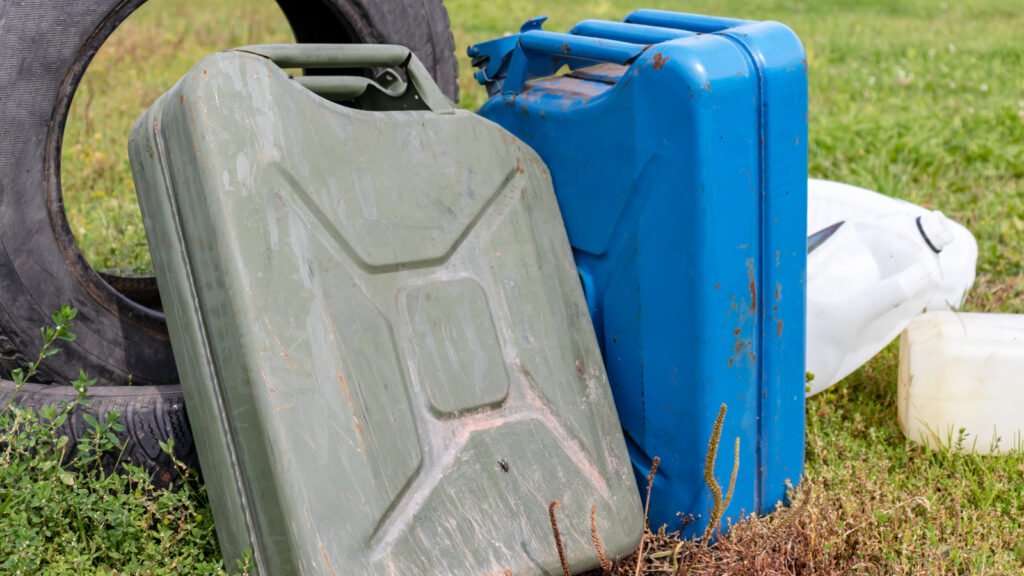 Difficult waste: Discarded tire and old fuel cans on grass. Environmental pollution.