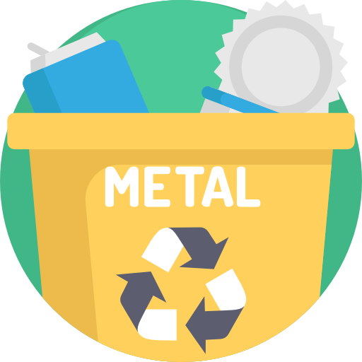 Metal recycling bin icon. Yellow container with recycle symbol and METAL text.