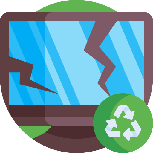 Broken monitor with recycle symbol. E-waste resources, recycling electronic waste.