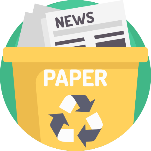 Paper recycling bin icon. Yellow container with paper, news, and recycling symbol.