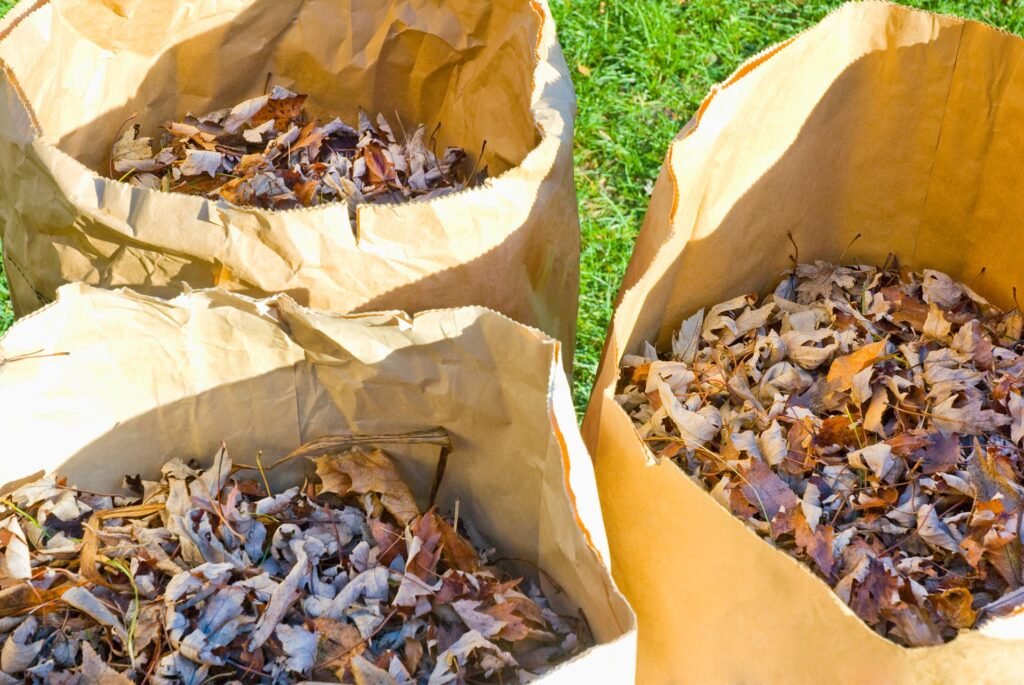 Brown paper bags filled with yard waste, leaves, and grass clippings. Difficult waste removal.