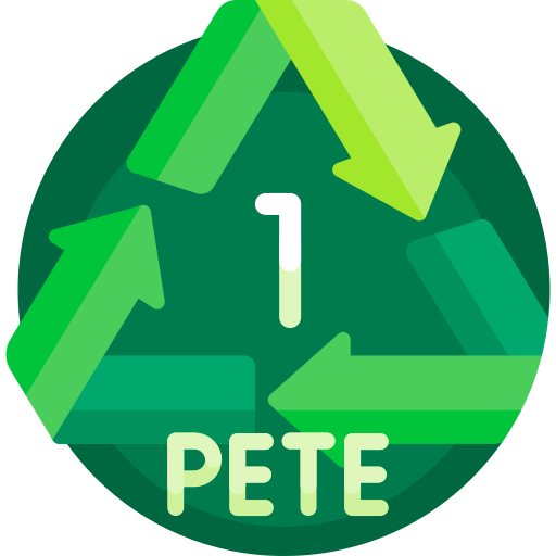 Plastic recycling symbol for PETE (plastic number 1) with green arrows.