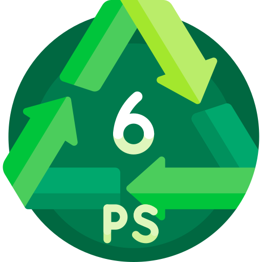 Plastic recycling symbol number 6. Green arrows in a triangle, with 6 PS.