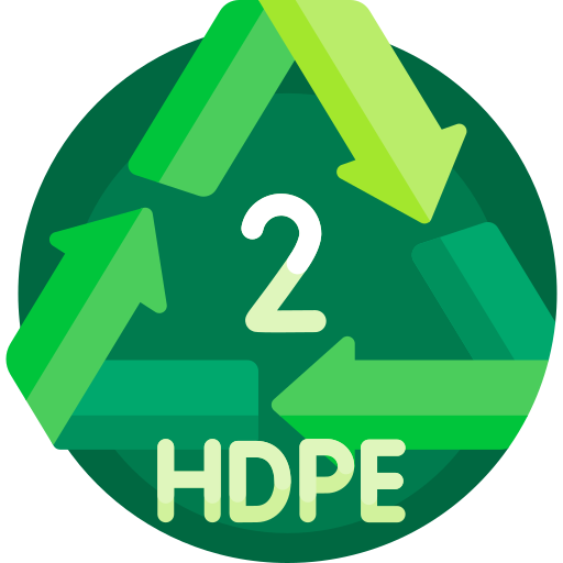Plastic recycling symbol 2 HDPE. Green arrows in a triangle, circular background. Plastic numbers.
