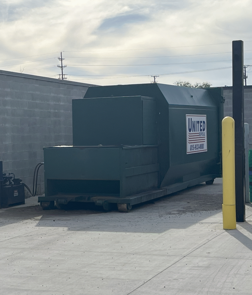United Disposal commercial trash compactor. Waste management solution for businesses.
